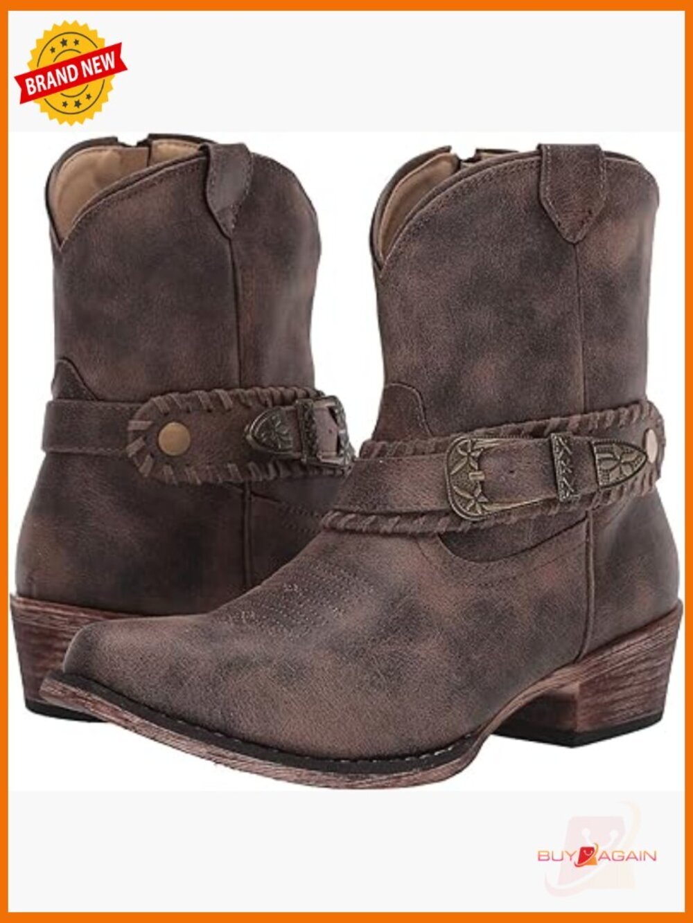 Vintage Faux Leather Western Ankle Booties - Distressed Cowgirl Boots